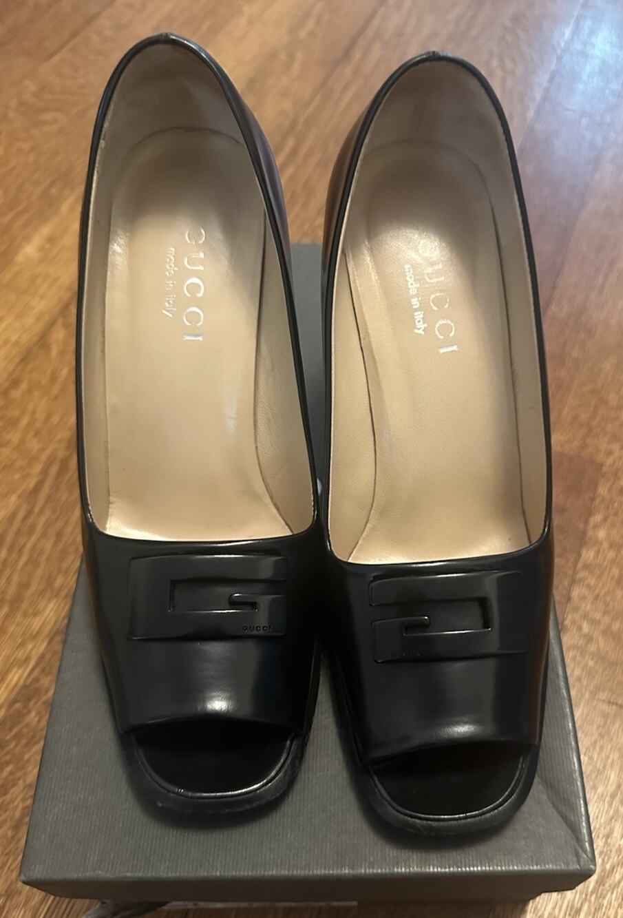 Vintage Gucci Black Peep Toe Block Heel Pumps Square G Buckle IT 37 w/ Box